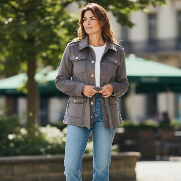 White House Black Market Ultra Suede Gray Belted Safari Jacket Top Women's Large - Picture 1 of 7